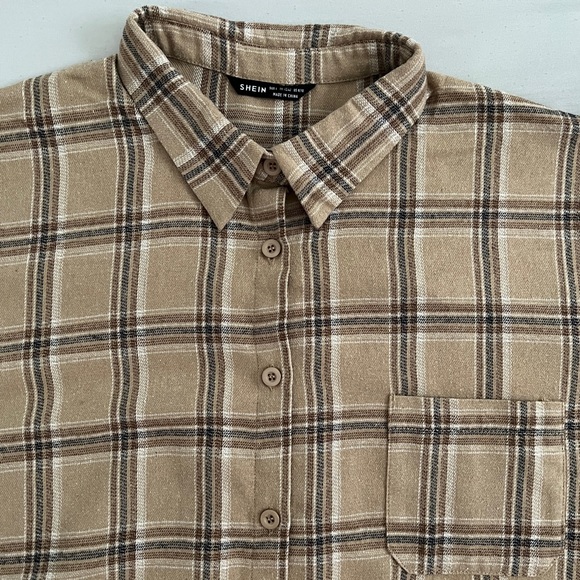 SHEIN Women’s Flannel Plaid Button Up Shirt Large Brown | Khaki | Tan - Picture 8 of 10